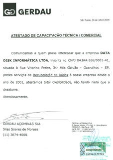 A Gerdau atesta os serviços de recuperação de dados da DATADISK.