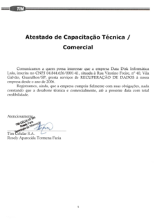 A TIM atesta os serviços de recuperação de dados da DATADISK.