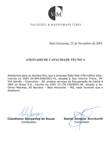 A V&M atesta os serviços de recuperação de dados da DATADISK.