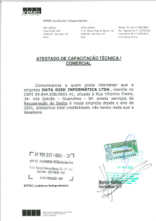 A KPMG atesta os serviços de recuperação de dados da DATADISK.