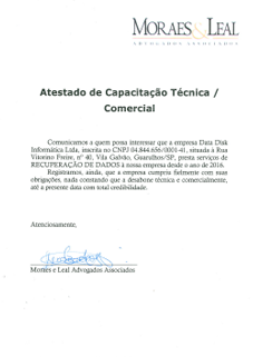 Veja documento que atesta que a DATADISK recuperou os arquivos criptografado do escritório Moraes & Leal Advogados de São Paulo.