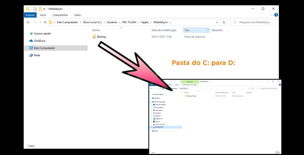 Após abrir a pasta de backups do iTunes. Você pode mover a pasta Backup para um local de sua preferência