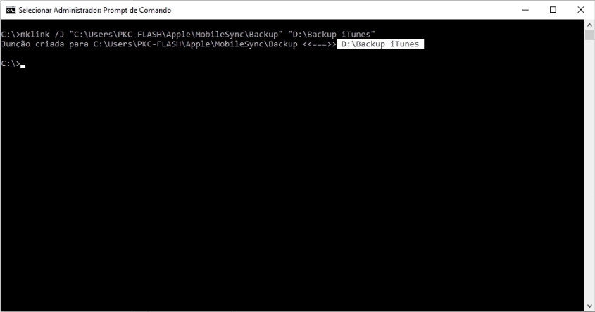 Agora você deve criar um link simbólico para a pasta de backup que apontará para outra partição ou em outro HD na localização original da pasta de backup do iTunes